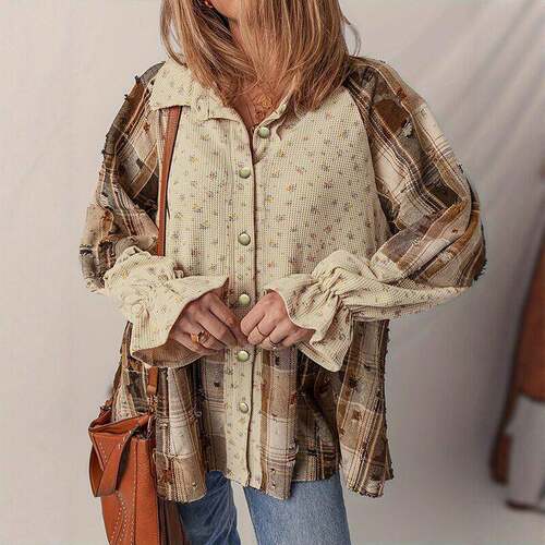 Women's Boho Floral Plaid Patchwork Distressed Ruffled Sve