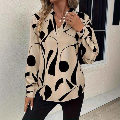 Womens Fall Long Sleeve Shirt Collar Top Printed Blouse