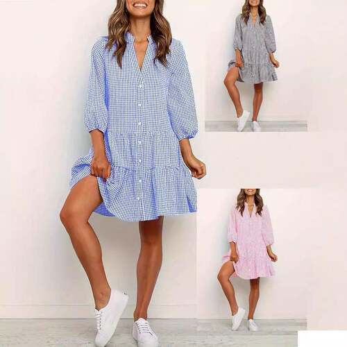 Women's Gingham Print Button Front Ruffle Hem Shirt Dress