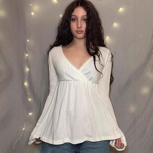 Women Lace Trim Wrap V-Neck Shirts Y2k Fairy Grunge Tee Tops
