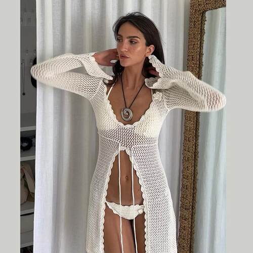Women's Solid Hollow Out Tie Front Split Hem Pullover