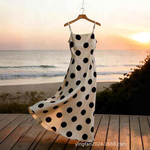 Women's Polka Dot Spaghetti Strap Long Dress  Satin Texture