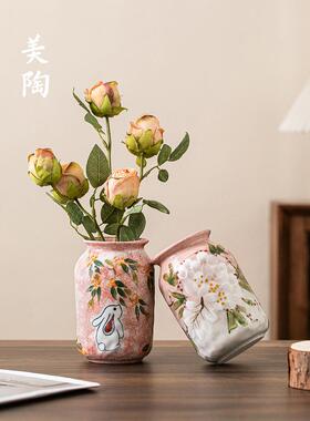 陶覆景德镇水培插花中新国风古收纳饰品AAX小花筒手绘兔子瓷花瓶