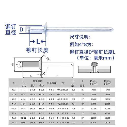 沉头全铁镀锌开口型碳钢抽芯铆钉国标2.4-6.4全系铁拉钉拉铆钉