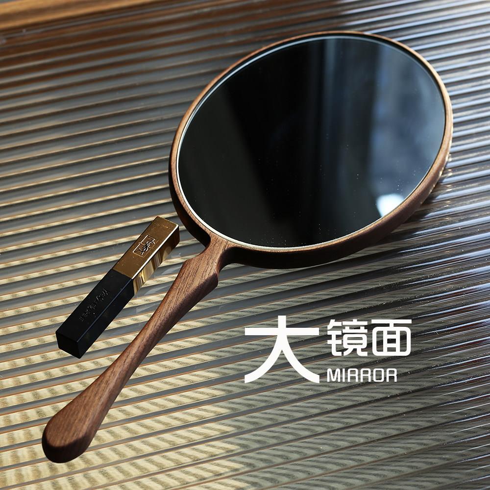 黑胡桃超大手柄化妆镜子便携实木手持梳妆美容院镜定制LOGO刻字