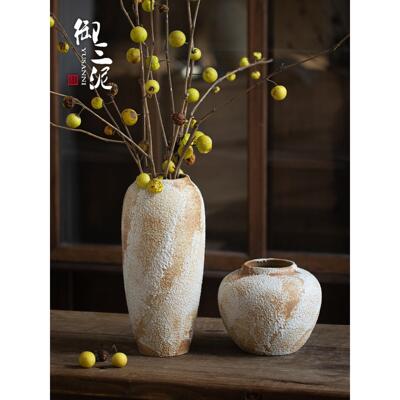 御泥三新花中式手工侘寂风陶瓷摆瓶民宿玄关客厅插BEU花粗陶罐覆