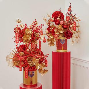 式红色仿中真LEK花束花婚庆装饰客厅摆放统传艺摆件晚明风