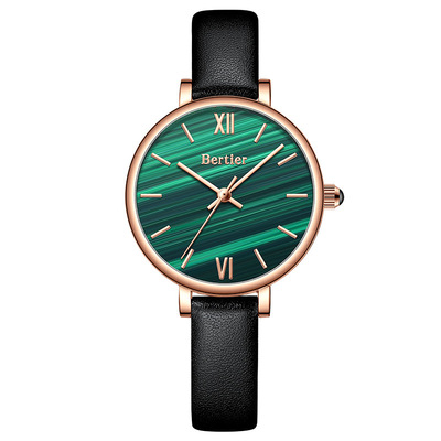 百地亚（Bertier）经典百搭女士手表孔雀蓝表盘精准石英真皮女表
