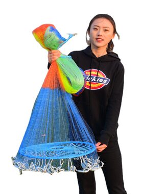 撒网手抛网捕鱼网五彩飞盘易抛网轮胎线鱼网五彩渔网厂家直销渔网