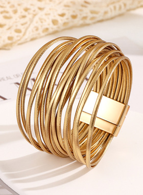 亚马逊新款欧美时尚多层PU皮革叠戴女士手链百搭欧美风个性手镯