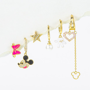 可爱老鼠头耳钉耳饰女粉色蝴蝶结耳骨夹锆石爱心珍珠流苏耳环套装