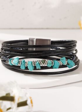 波西米亚风多层皮绳天然绿松石手链女磁吸扣简约轻奢手饰热销