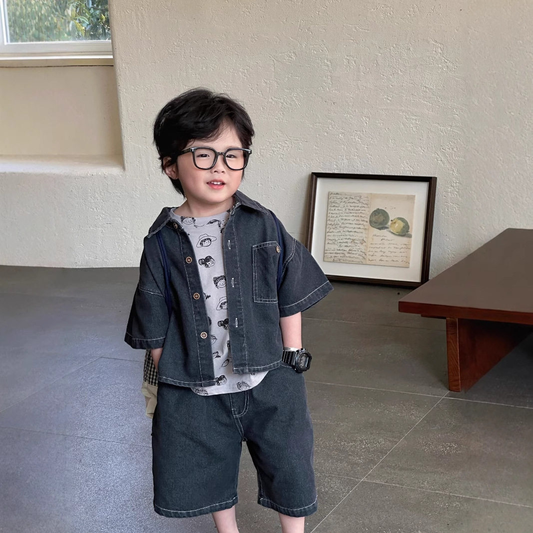 蒙田童套装2025夏季韩版男童衬衫短袖短裤帅气牛仔透气休闲二件套