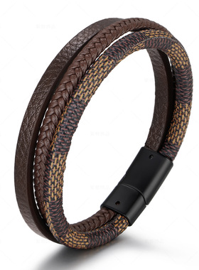 电商原创复古老花色皮手链男女通用多层手工编织磁铁扣手环