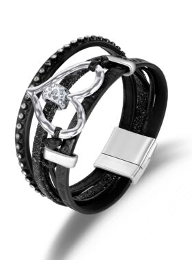 波西米亚镂空爱心多层皮革手链镶钻磁铁扣复古手镯小众民族风手环