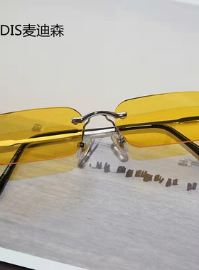 杰特3405砖石切边太阳镜男潮墨镜女港风男个性黄色方形无框太阳镜