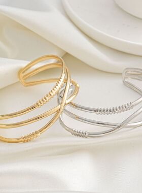 欧美热销冷淡风交叉轻奢设计感开口手镯小众高级感手饰女