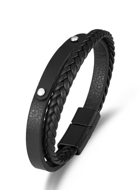 手绳皮质潮男个性百搭手镯时尚光面多层编织皮手链手环饰品