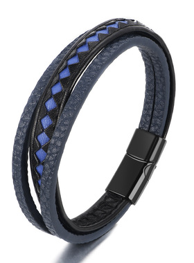 欧美创意混色多层编织皮革手链男士时尚通勤简约磁铁扣手镯现货