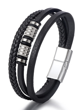 皮革多层手工编织锌合金皮质手链欧美时尚男士皮绳手环新品