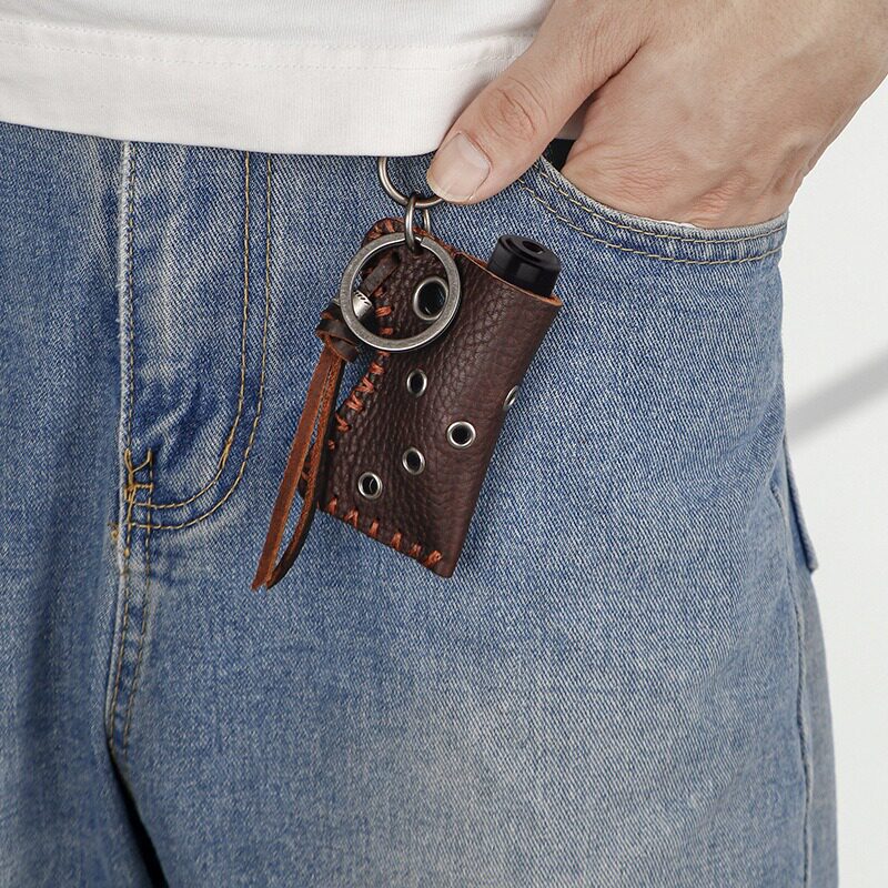 复古牛皮打火机套真皮钥匙扣挂件合金扣头户外露营点火器钥匙包