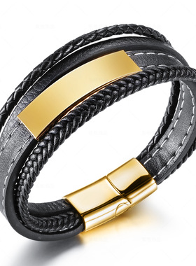 电商原创手工车线多层皮革编织不锈钢手链男士钛钢手镯饰品