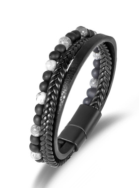 新款时尚男士串珠手链简约编织款皮手环高级百搭合金磁扣手饰