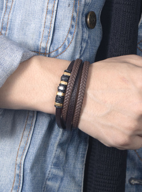 新款简约男士多层手链波西米亚风超纤皮革编织手环不锈钢磁扣手饰