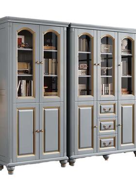 式复古乡村木书柜桃31457花心木书房自由落组合地书橱美置物柜玻