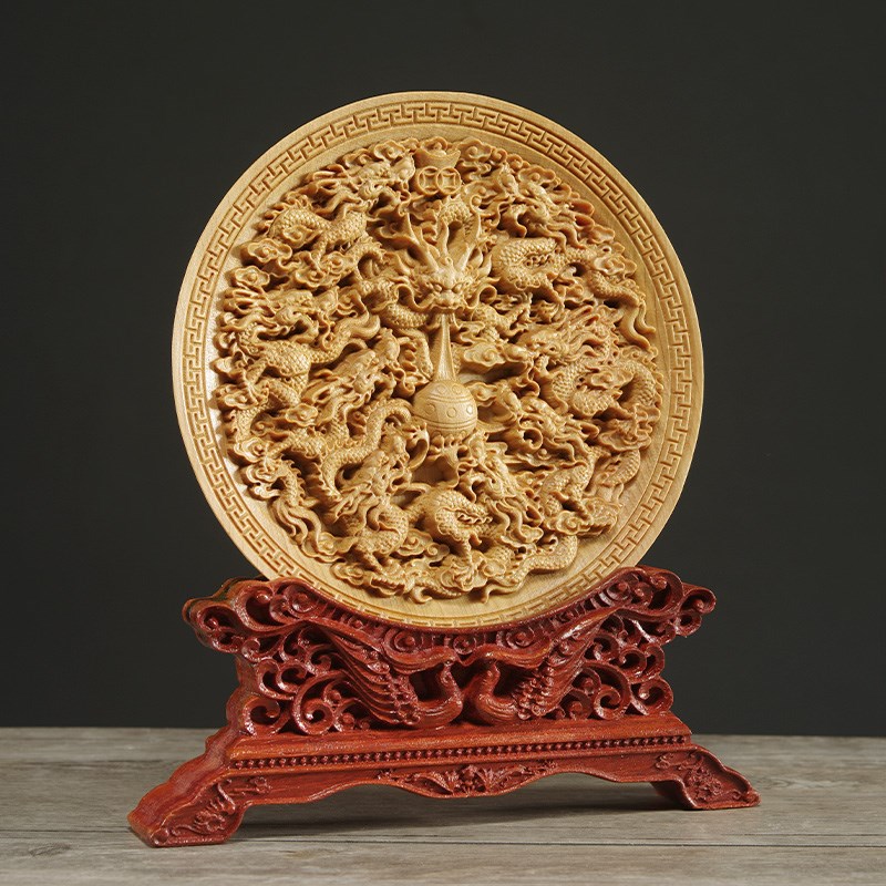 太行崖柏木雕九龙戏珠摆件实木客厅装饰盘子小叶黄杨木雕刻工艺品