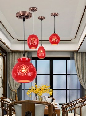 阳台红色灯笼小吊灯古典喜庆家用吧台茶楼走廊过道门厅飘窗灯