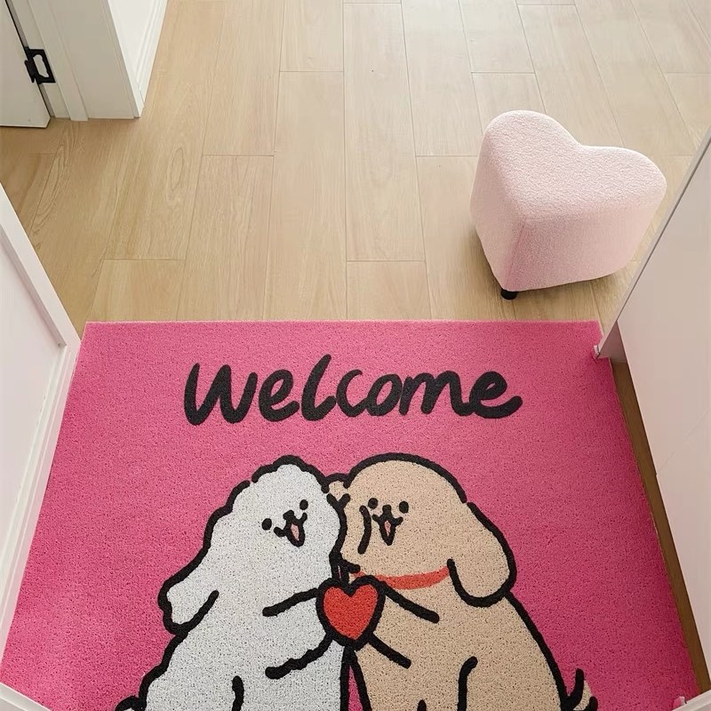 IN粉色丝圈地垫可爱卡通猫咪入户玄关门垫刮泥蹭土进门垫 可裁减