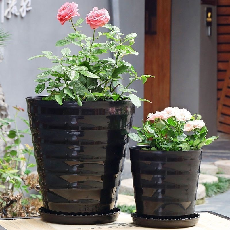 花盆陶瓷特大号30cm以上超大螺纹加厚黑白色仿陶瓷树脂塑料送托盘