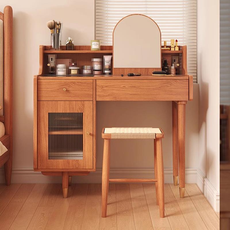 日式樱桃木全实木化妆桌复古卧室简约小户型网红梳妆台收纳柜一体