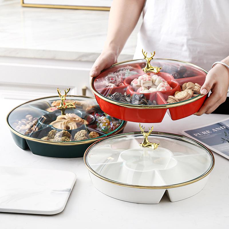 水果盘客厅家用创意现代轻奢干果盘茶几装饰摆件糖果盒带分格带盖