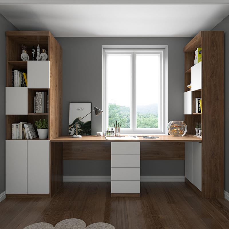 台式电脑桌飘窗柜书桌书柜一体靠墙组合柜卧室转角带门双人学习桌