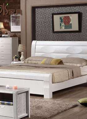厚重实木床现代简约白色榆木双人床1.8米主卧室中式高箱储物大床