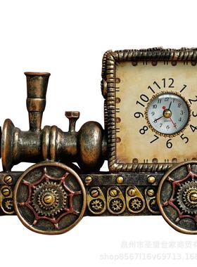 创意仿古做旧火车头时钟树脂模型摆件家居酒吧咖啡厅礼品装饰道具