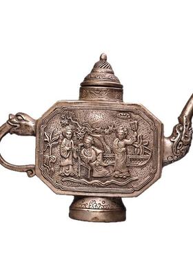 古玩铜壶古风件摆人物图大观园浮雕UXW银铜壶铜茶壶高浮雕鎏酒壶