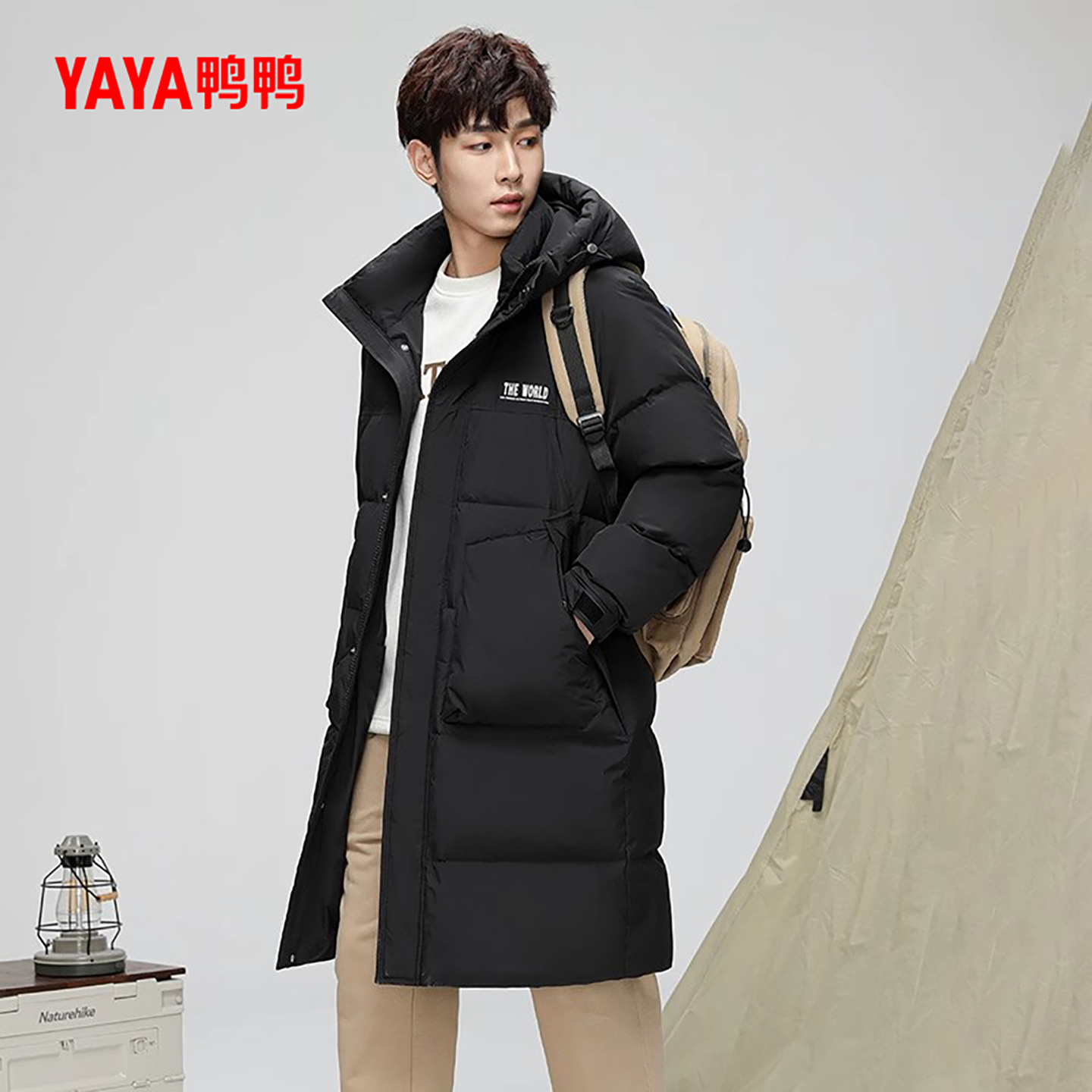 鸭鸭连帽长款外套羽绒服男