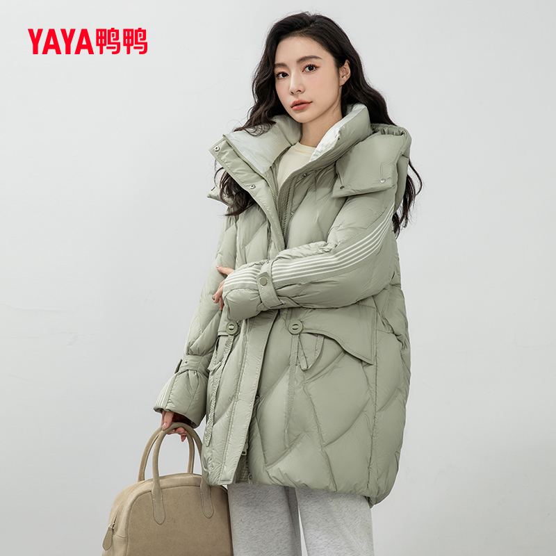 鸭鸭羽绒服女2023年秋季新款中长款连帽时尚休闲鸭绒保暖外套Y