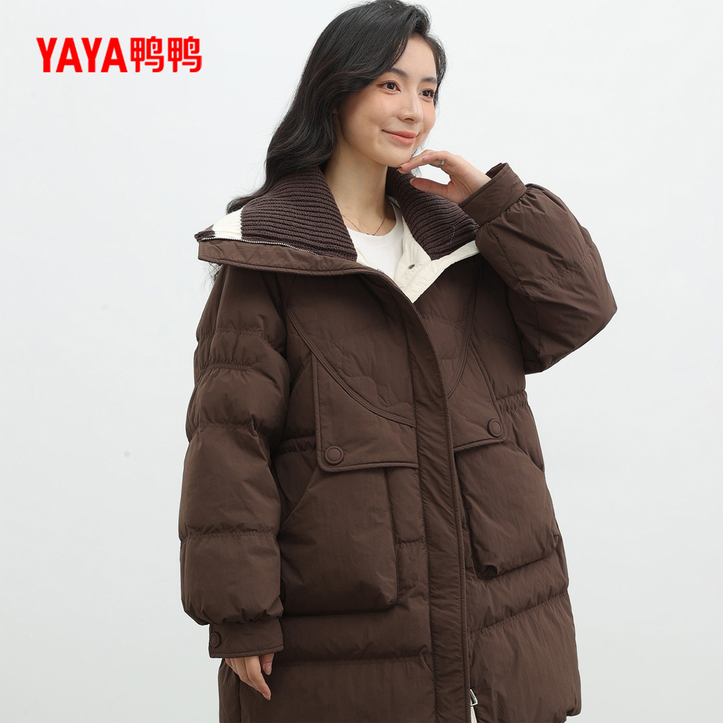 鸭鸭白鸭绒中长款羽绒服女海军领