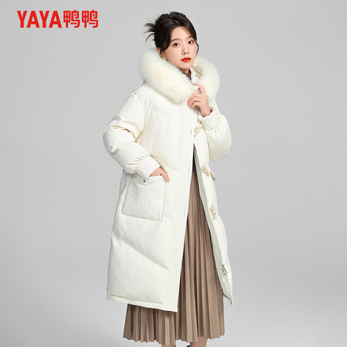 YAYA鸭鸭白色羽绒服女2026冬季时尚大毛领长款过膝保暖加厚外套女