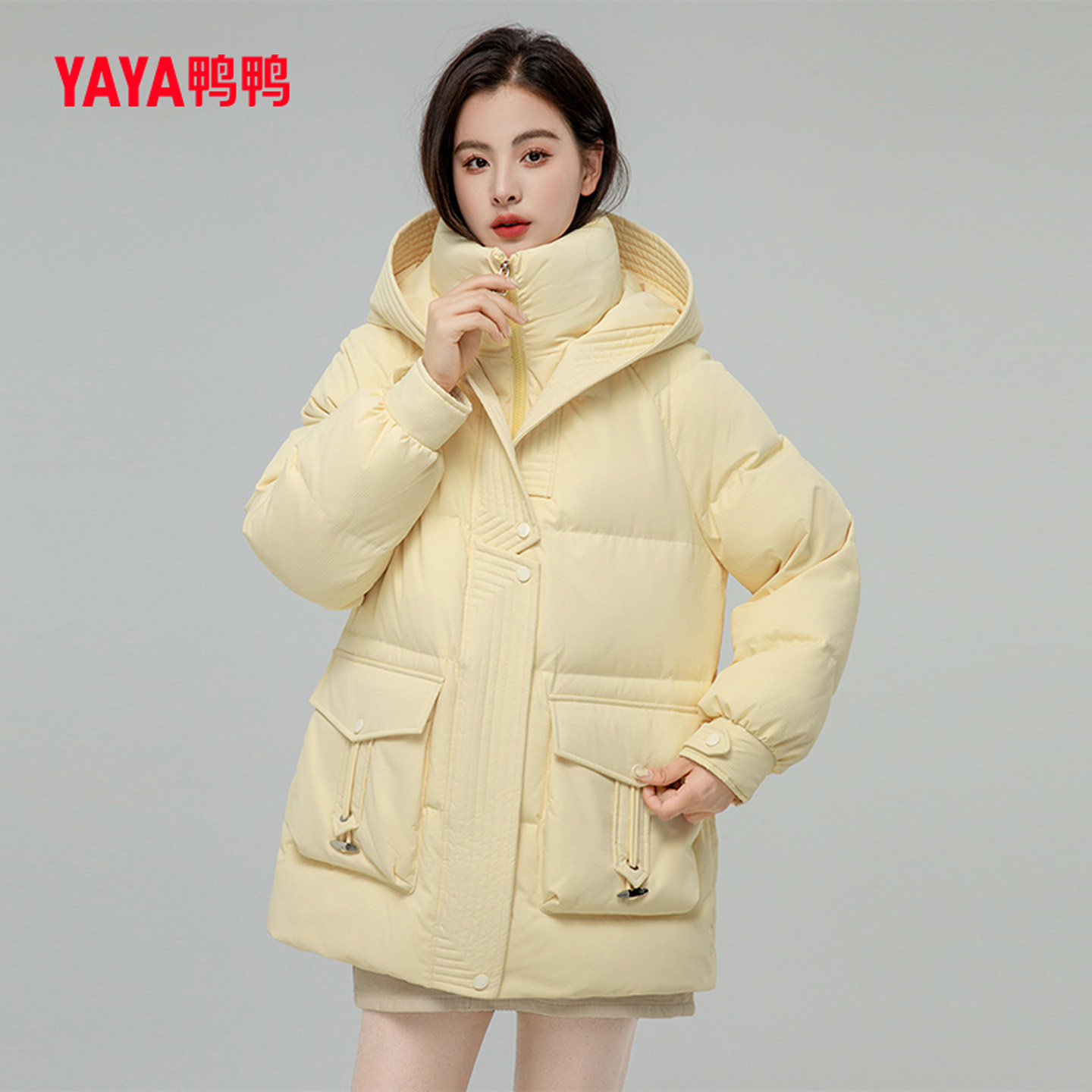 鸭鸭韩版羽绒服女中长款2023年冬季新款连帽保暖休闲外套小个子