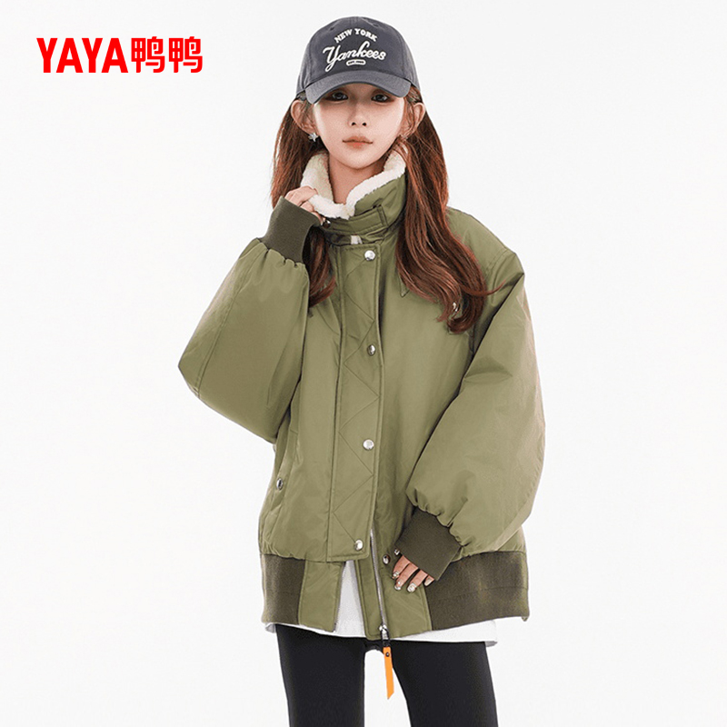 鸭鸭羽绒服女士2024冬季新品中长款立领潮流军绿保暖加厚鸭绒外套