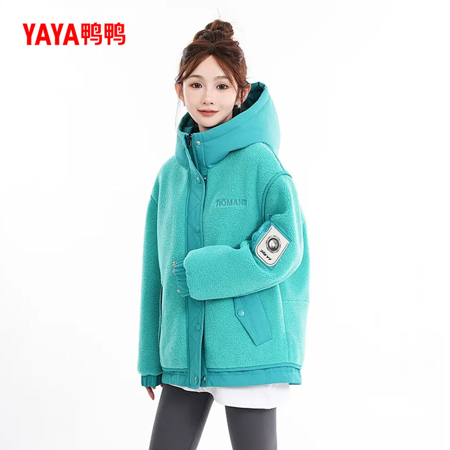 鸭鸭羊羔毛中长款连帽羽绒服女