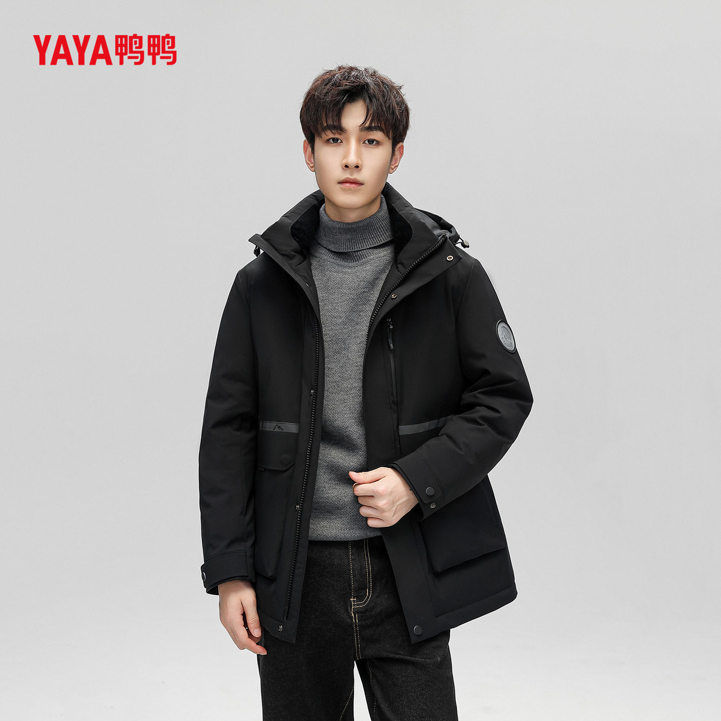 YAYA鸭鸭2025新款鹅绒羽绒服男中长款时尚工装商务百搭保暖外套冬
