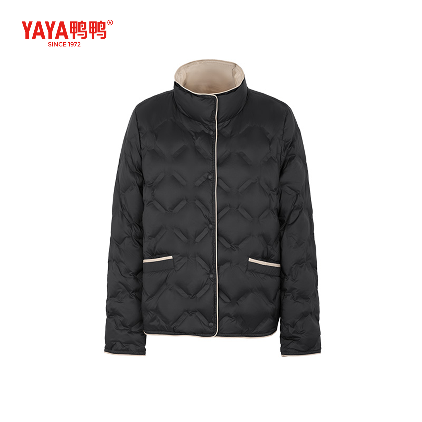 YAYA鸭鸭2025女士新款时尚外套秋冬季立领短款羽绒服保暖拼色外套