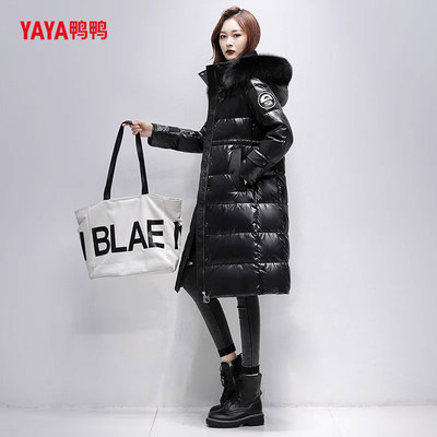 YAYA鸭鸭高端黄色真毛领羽绒服女冬季2024新款时尚长款长过膝外套