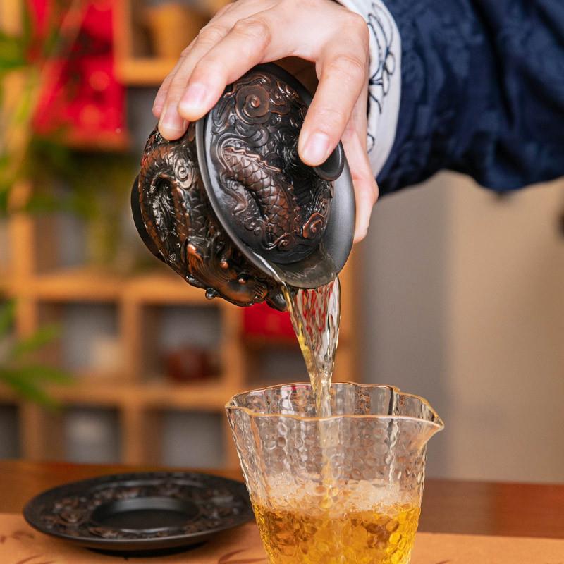 紫陶三腾龙悬停才碗全手ED紫陶腾工堆雕大功夫茶具茶盖碗家用号单